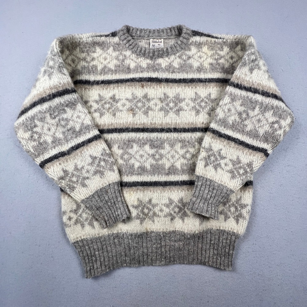 Hilda Ltd Sweater Womens M Grey Wool Fair Isle Icelandic Nordic Pullover Jersey